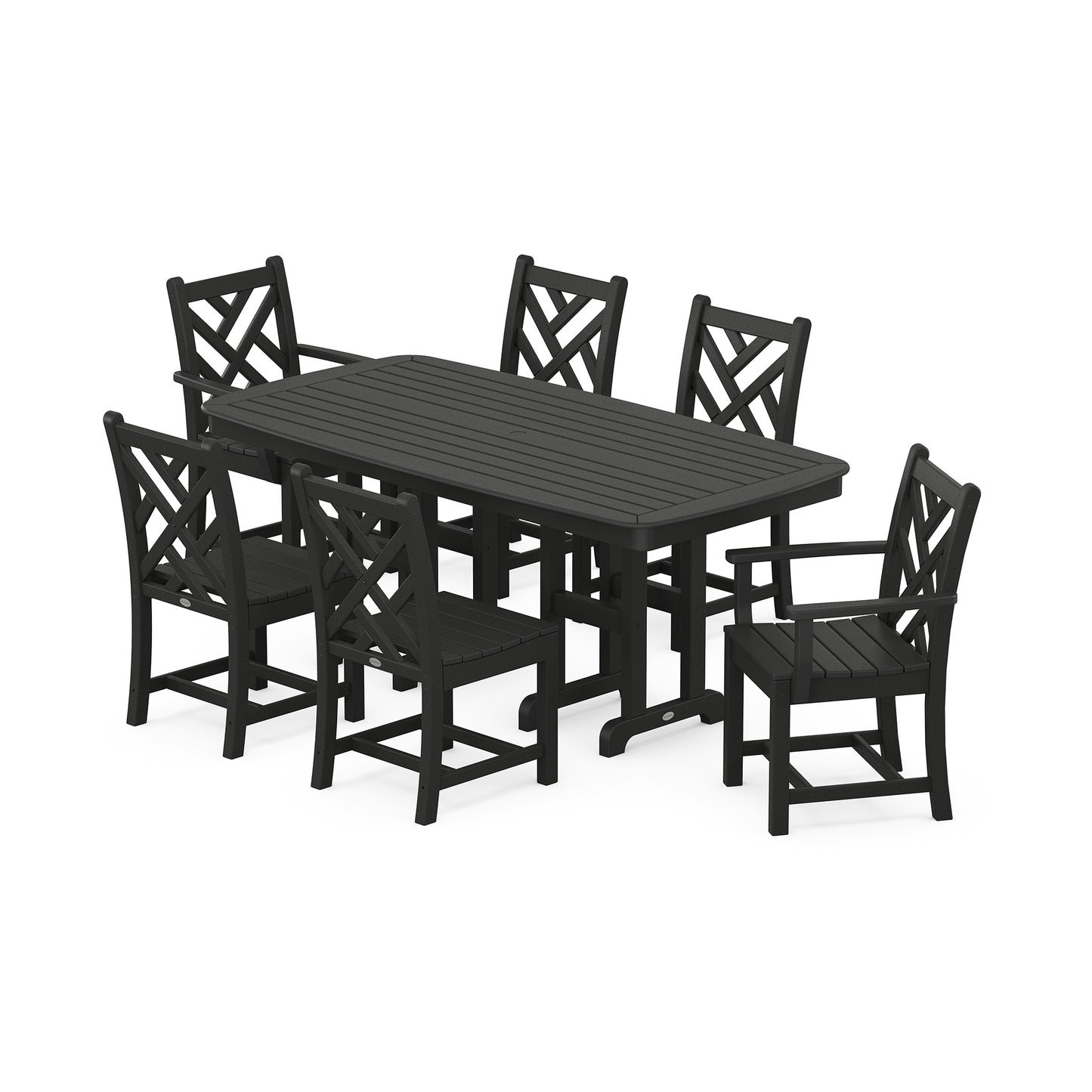 POLYWOOD Chippendale 7-Piece Dining Set featuring a dark green table and six chairs with distinctive Chippendale-style crisscross backrests.
