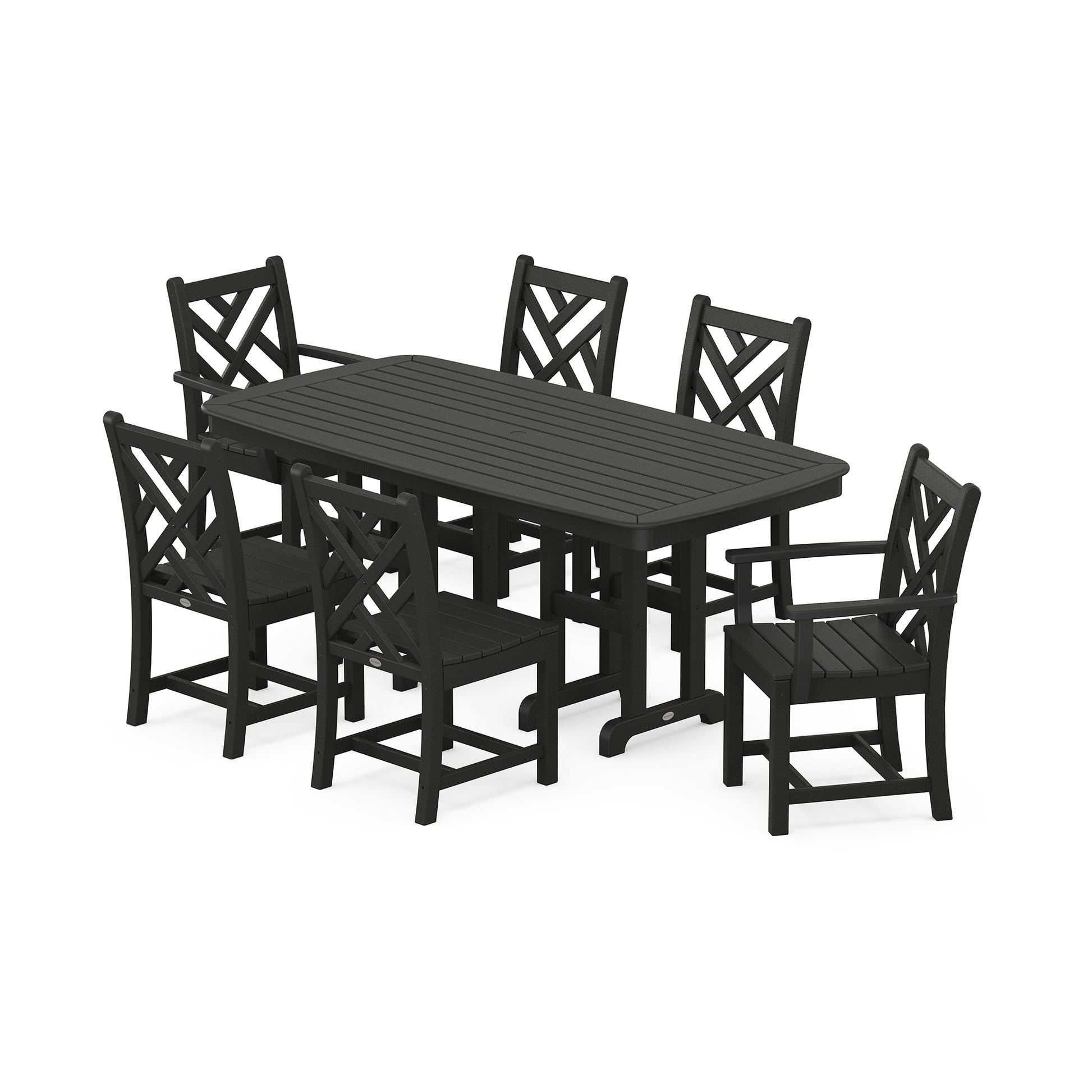 POLYWOOD Chippendale 7-Piece Dining Set featuring a dark green table and six chairs with distinctive Chippendale-style crisscross backrests.