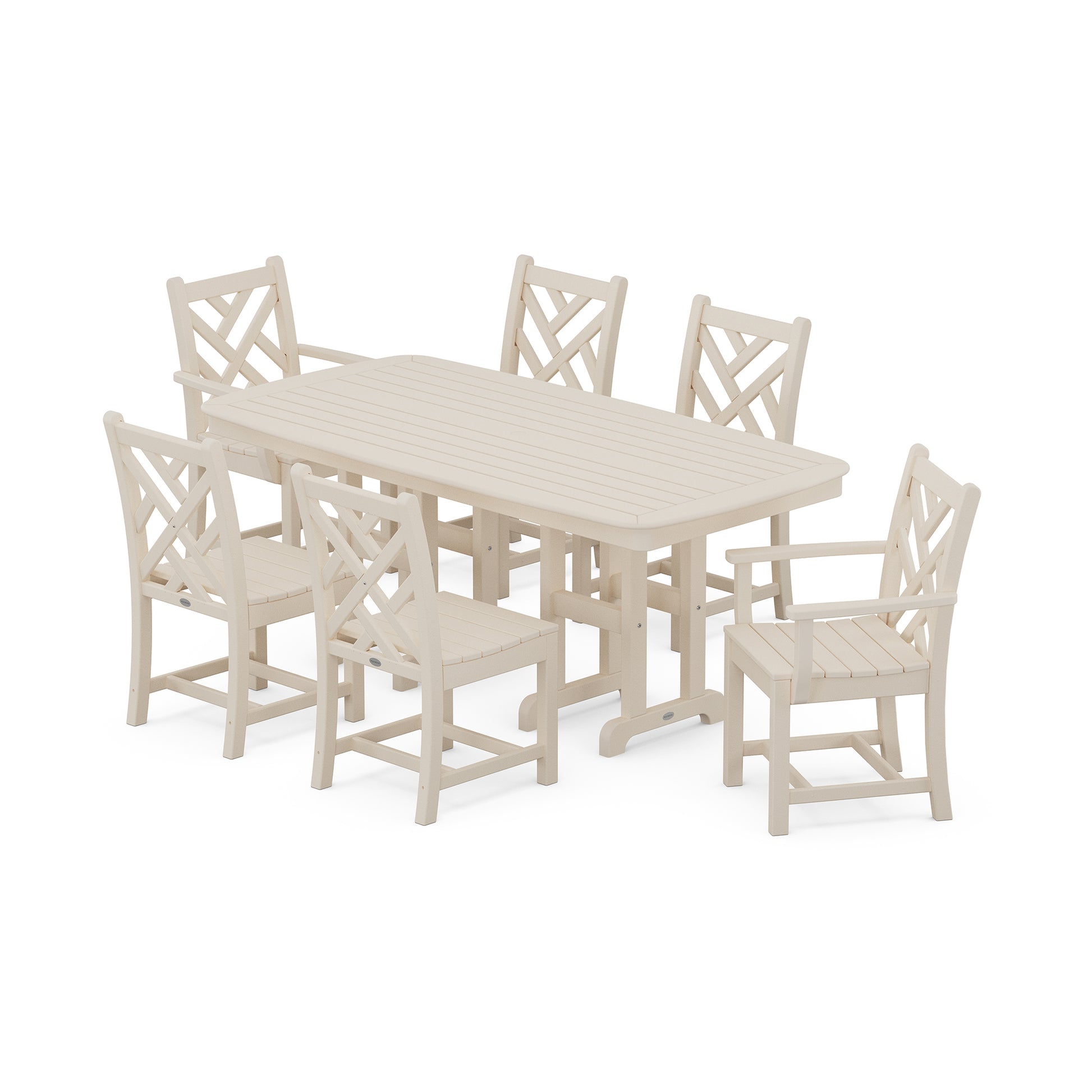 White POLYWOOD Chippendale 7-Piece Dining Set with rectangular table and six cross-back chairs crafted from recycled lumber.