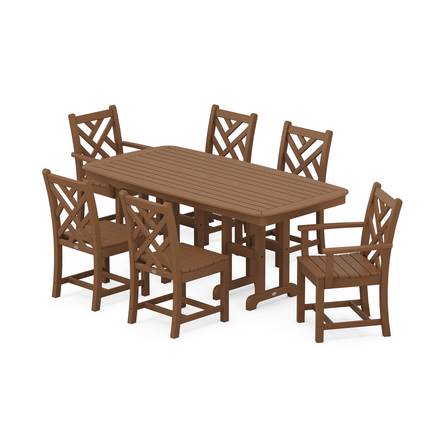 A brown POLYWOOD® Chippendale 7-Piece Dining Set featuring a rectangular table and six chairs with criss-cross design on a plain white background.
