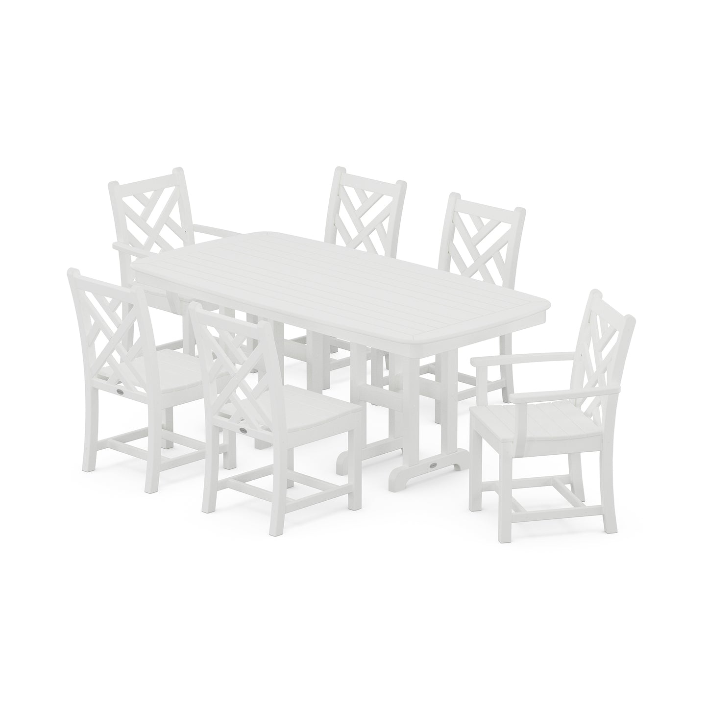 White POLYWOOD Chippendale dining set with rectangular table and six crisscross-back chairs.