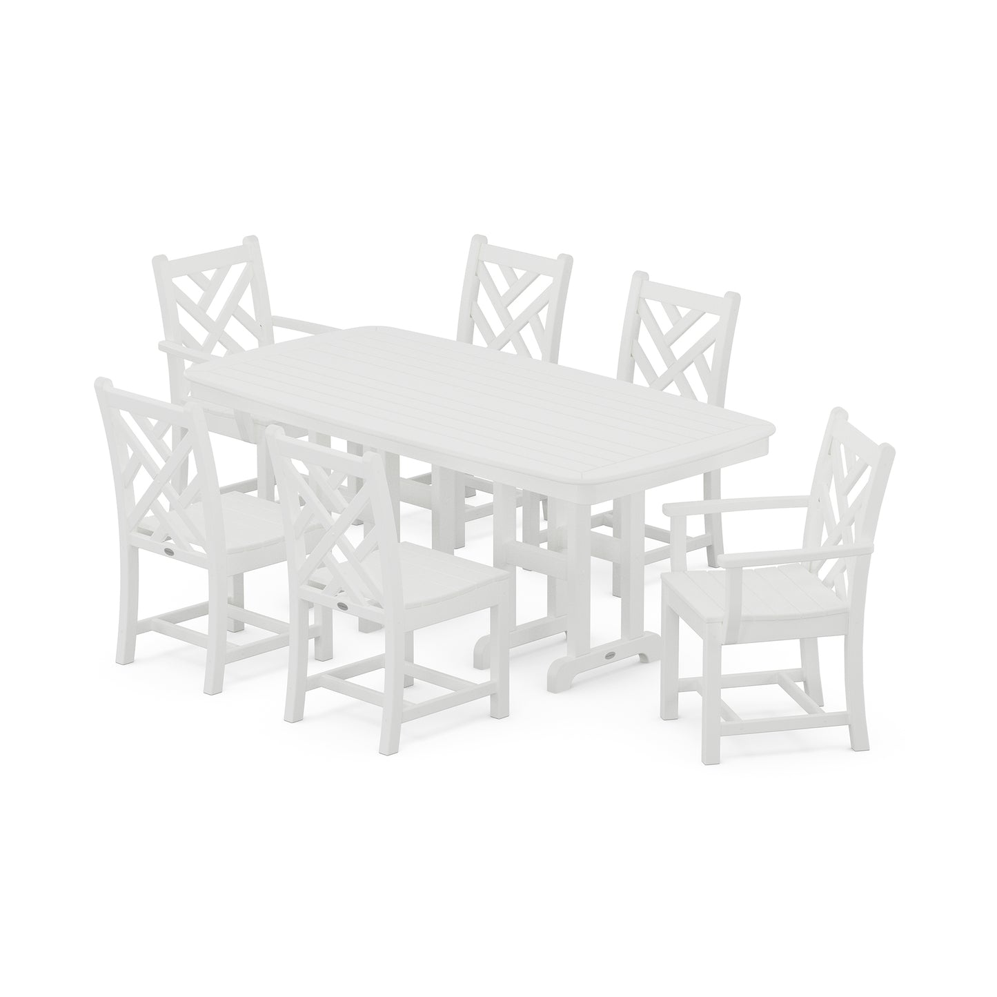 A white POLYWOOD Chippendale 7-Piece Dining Set comprising one rectangle table and six chairs with geometric backrest designs, arranged on a plain white background.