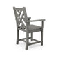 A gray POLYWOOD® Chippendale outdoor dining arm chair with armrests and a tall, slatted backrest, displayed on a seamless white background.