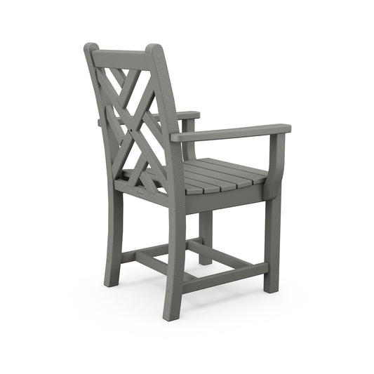 Gray POLYWOOD Chippendale Dining Arm Chair featuring a lattice back and slatted seat, displayed at an angle.
