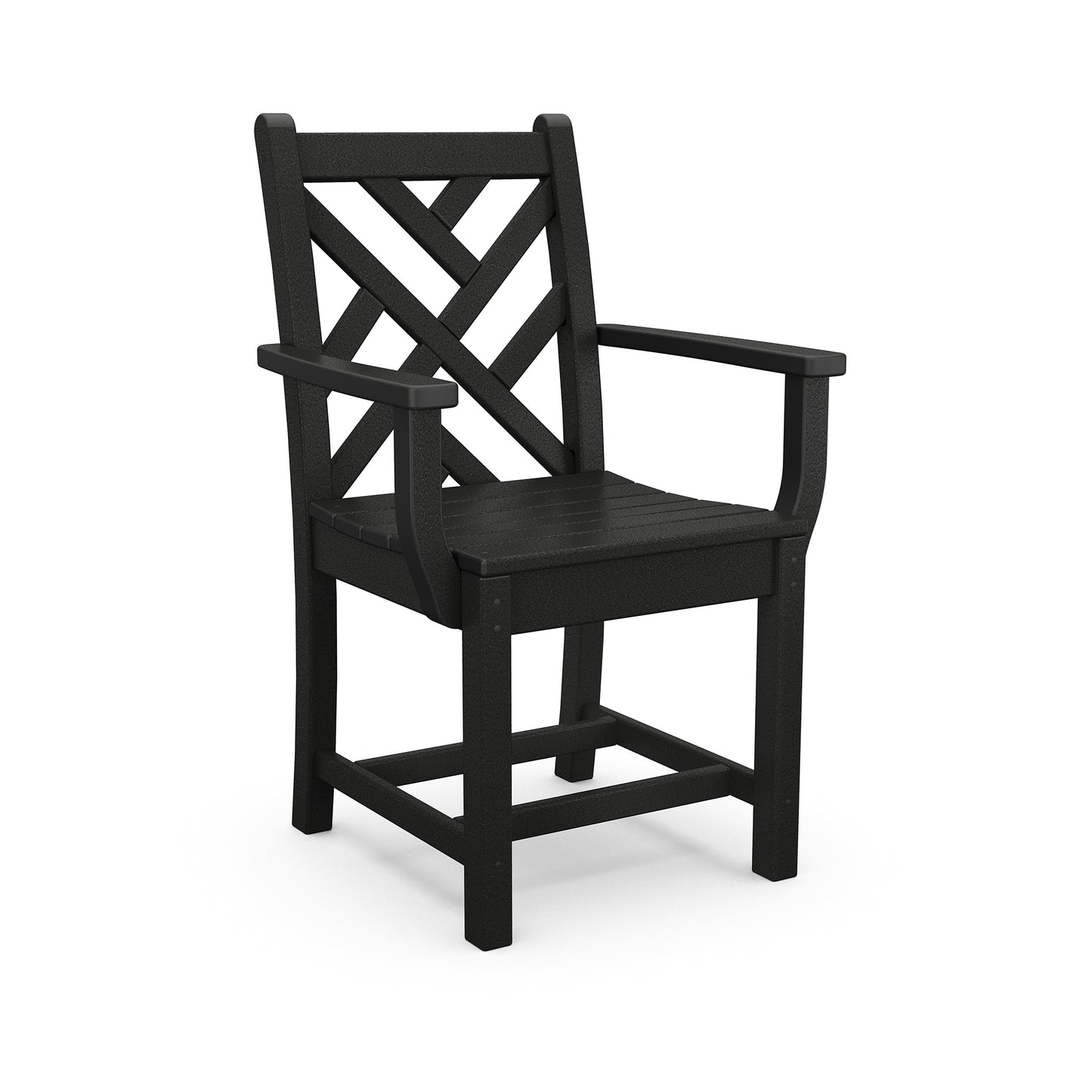 A black POLYWOOD Chippendale Outdoor Dining Arm Chair with a crisscross design on the backrest and armrests, displayed against a plain white background.