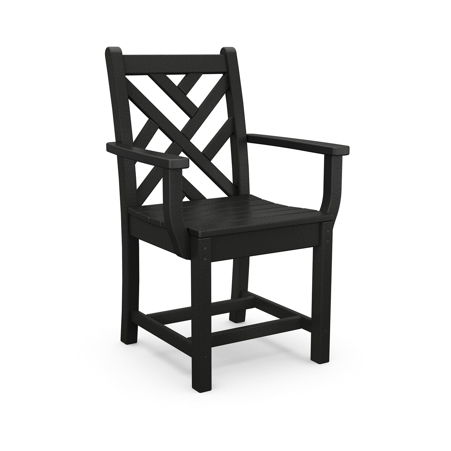 Black POLYWOOD Chippendale Outdoor Dining Arm Chair with slatted seat and crisscross backrest, crafted for durability and classic style.