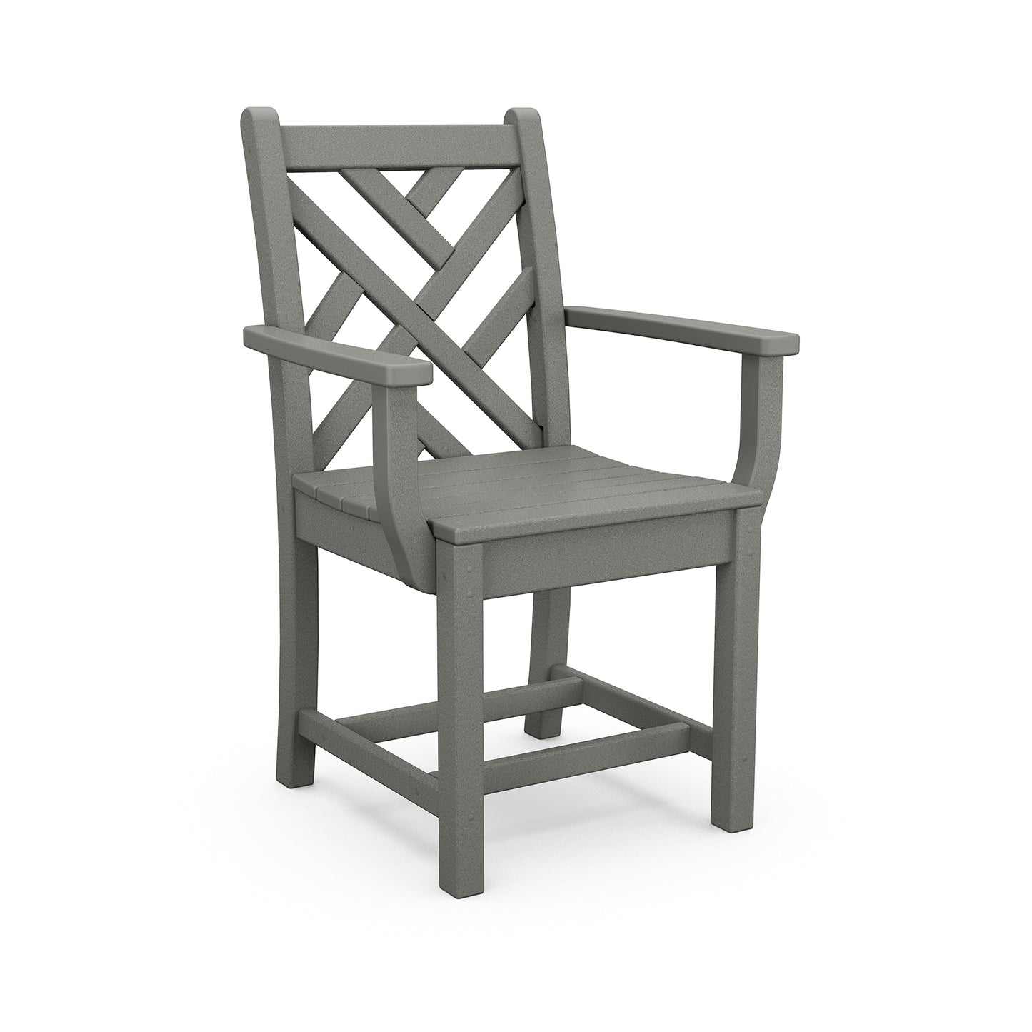 A gray POLYWOOD® Chippendale Outdoor Dining Arm Chair with a crisscross pattern on the backrest, armrests, and four sturdy legs, isolated on a white background.
