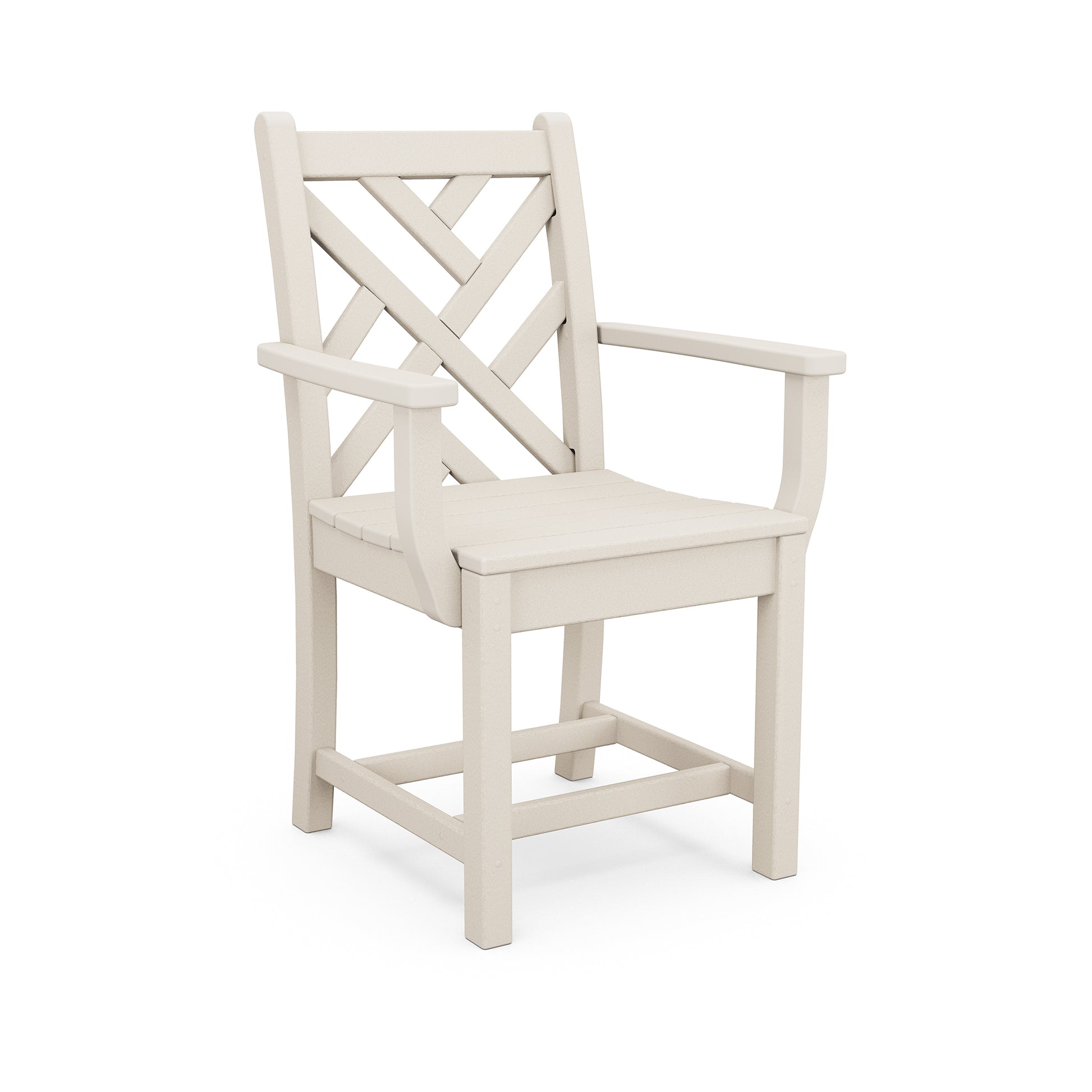 Beige POLYWOOD Chippendale Outdoor Dining Arm Chair featuring a distinctive crisscross backrest.