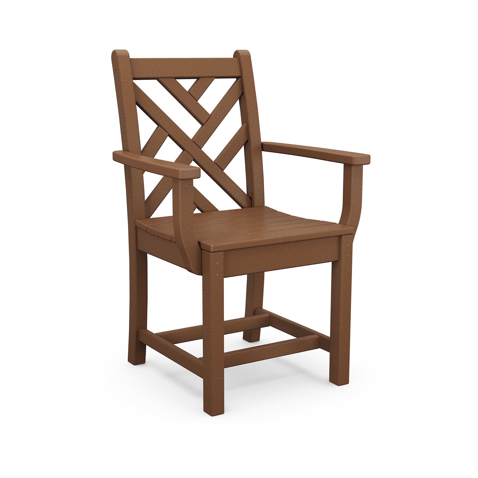 A brown POLYWOOD® Chippendale outdoor dining arm chair with a tall backrest featuring criss-cross lattice design, armrests, and four legs. The chair is viewed on a white background.