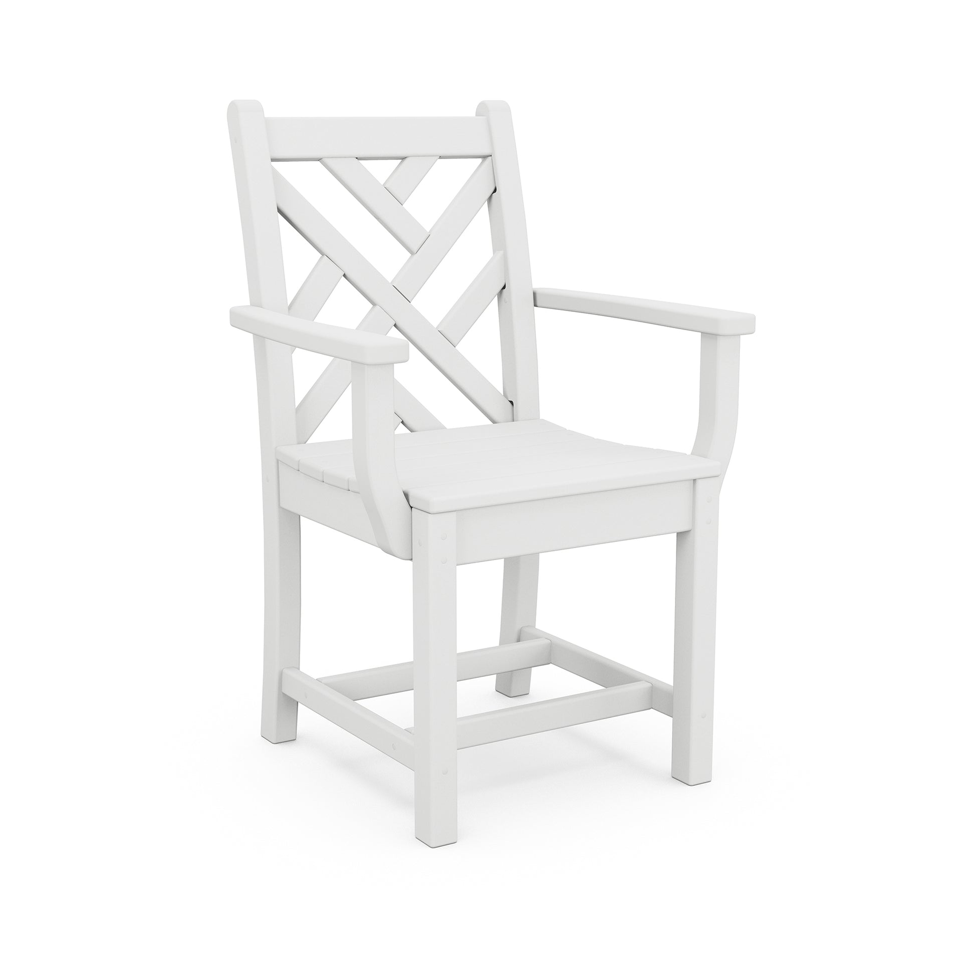 White POLYWOOD Chippendale Outdoor Dining Arm Chair with cross-back design, armrests, and flat seat.