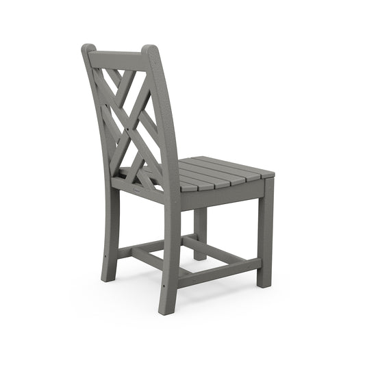 Gray POLYWOOD Chippendale Outdoor Dining Side Chair with slatted seat and crisscross backrest.