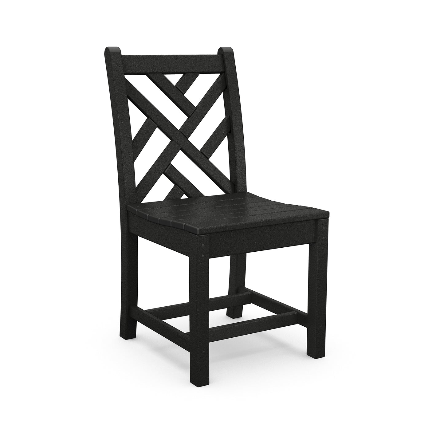 POLYWOOD Chippendale Outdoor Dining Side Chair with crisscross backrest and solid seat in elegant black recycled plastic.