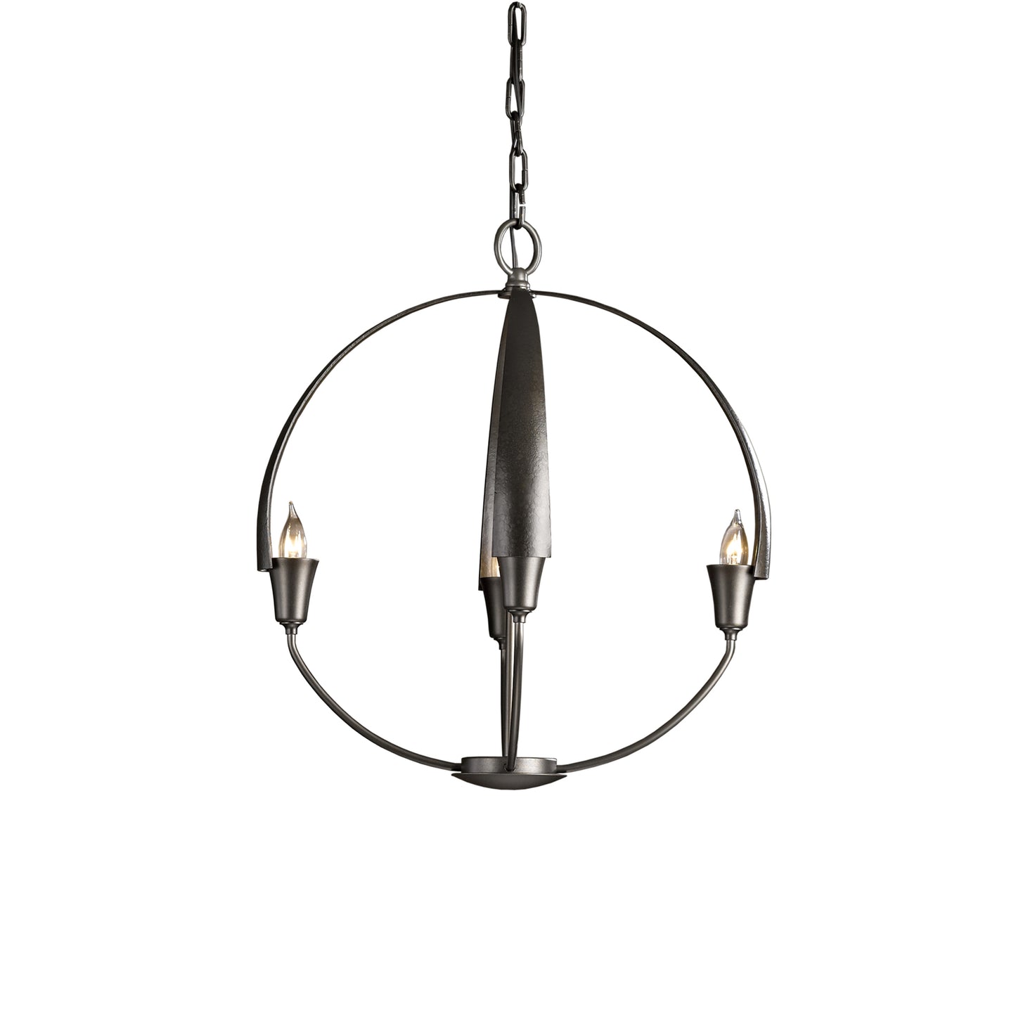 The Hubbardton Forge Cirque Chandelier, handcrafted in Vermont, offers stunning illumination with its sleek black metal design and three candle holders.