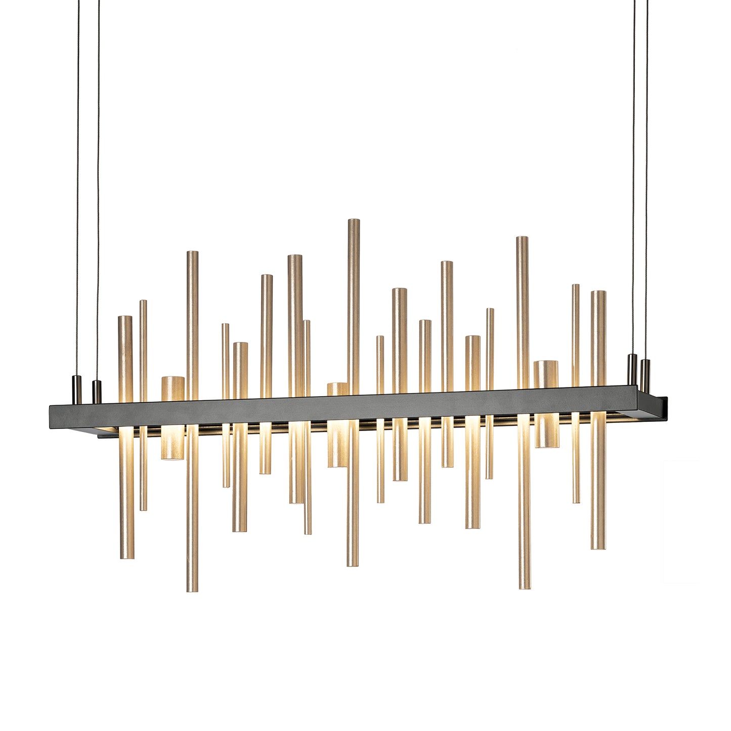 Modern Hubbardton Forge Cityscape LED Pendant featuring vertical gold rods on a sleek black bar.