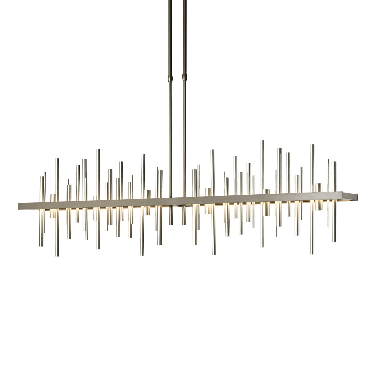 Modern Vermont-crafted Cityscape Large LED Pendant chandelier by Hubbardton Forge with vertical metal rods.