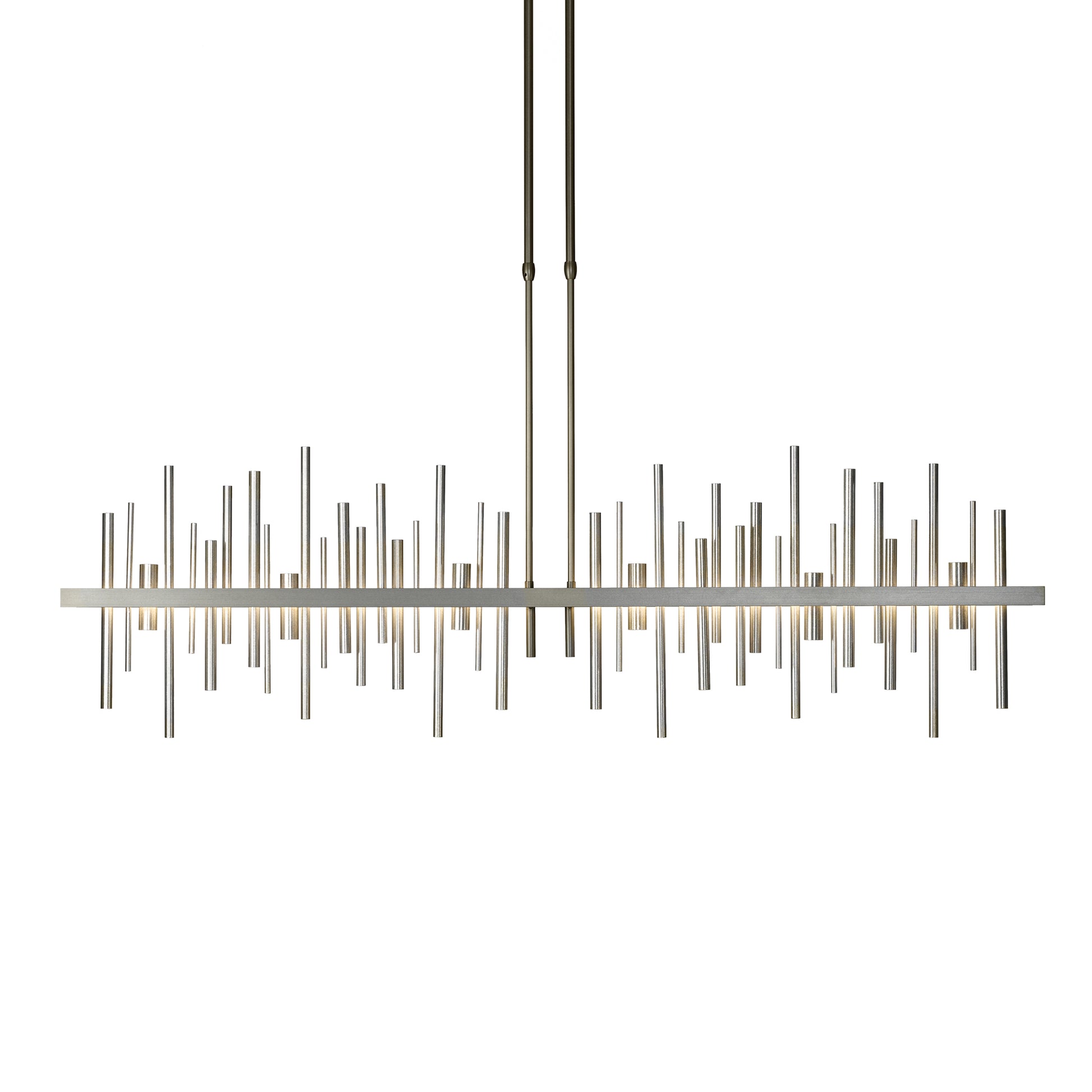 A Hubbardton Forge Cityscape Large LED Pendant, featuring metal bars hanging from the ceiling, creating a modern and stylish light fixture.