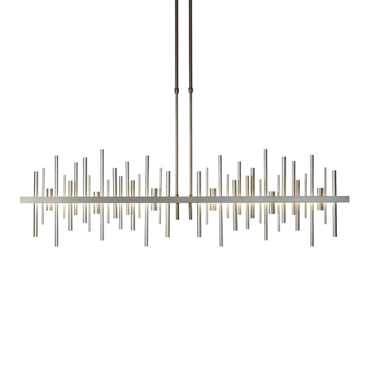 Cityscape Large LED Pendant by Hubbardton Forge featuring geometric metallic rods, showcasing a handcrafted modern chandelier design.