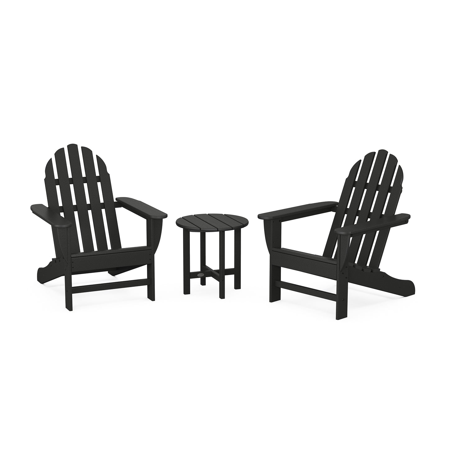 Black POLYWOOD Classic Adirondack chairs and round table set.