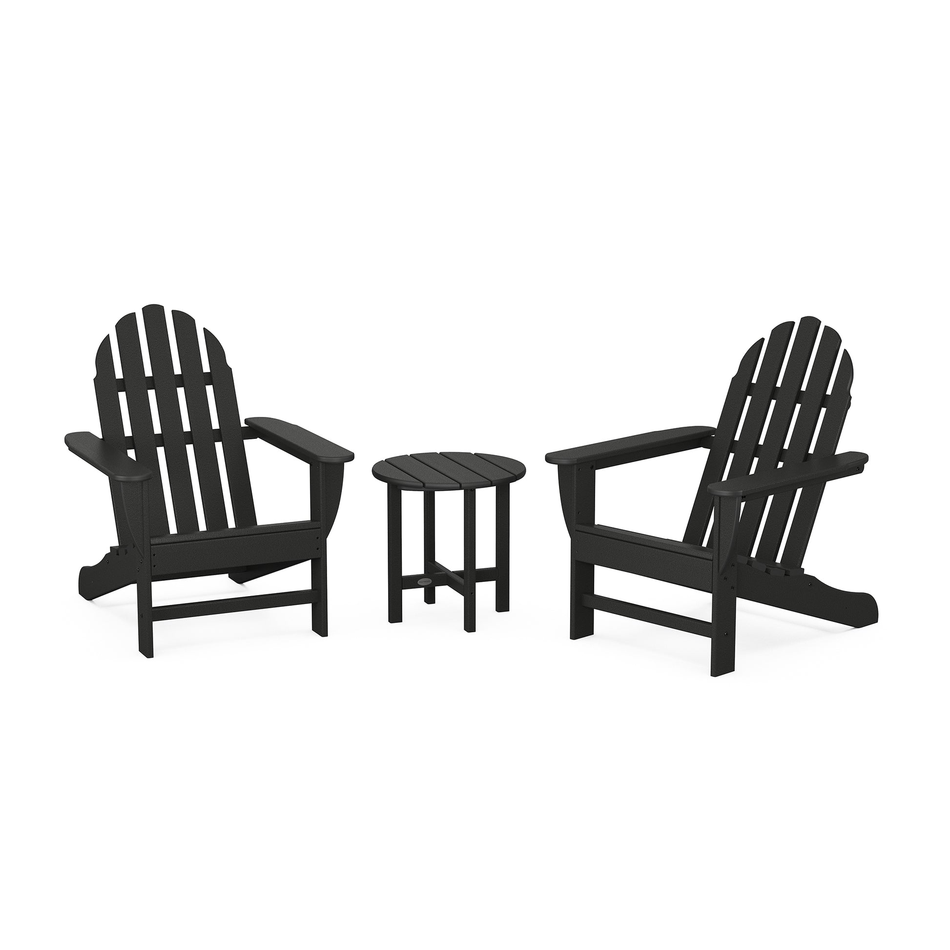 Black POLYWOOD Classic Adirondack chairs and round table set.