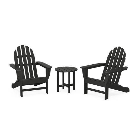 Black POLYWOOD Classic Adirondack chairs and round table set.