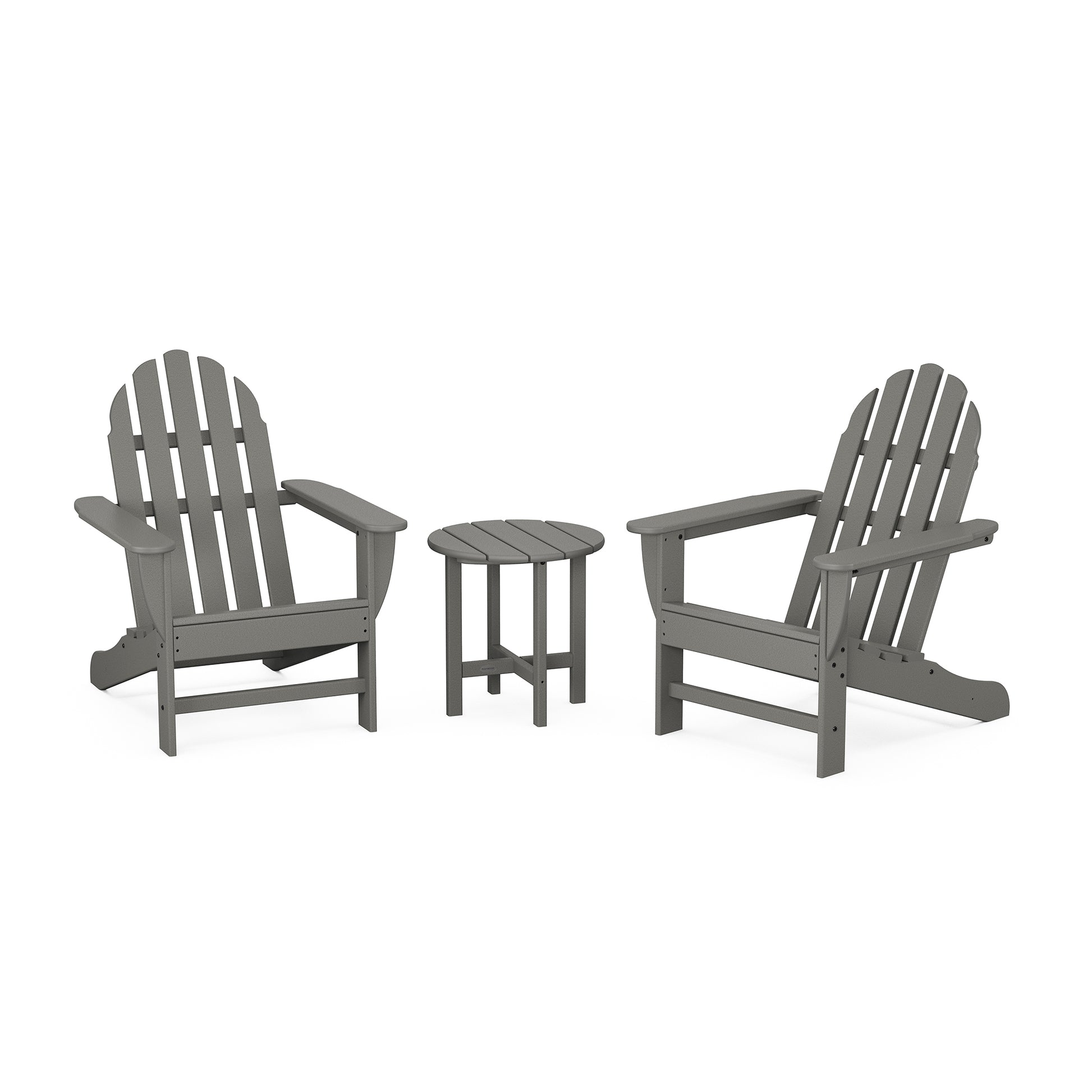 Two gray POLYWOOD Classic Adirondack chairs with a matching small round table between them, all set on a plain white background. The chairs feature a classic slatted design and are part of the POLYWOOD Classic Adirondack 3-Piece Set.