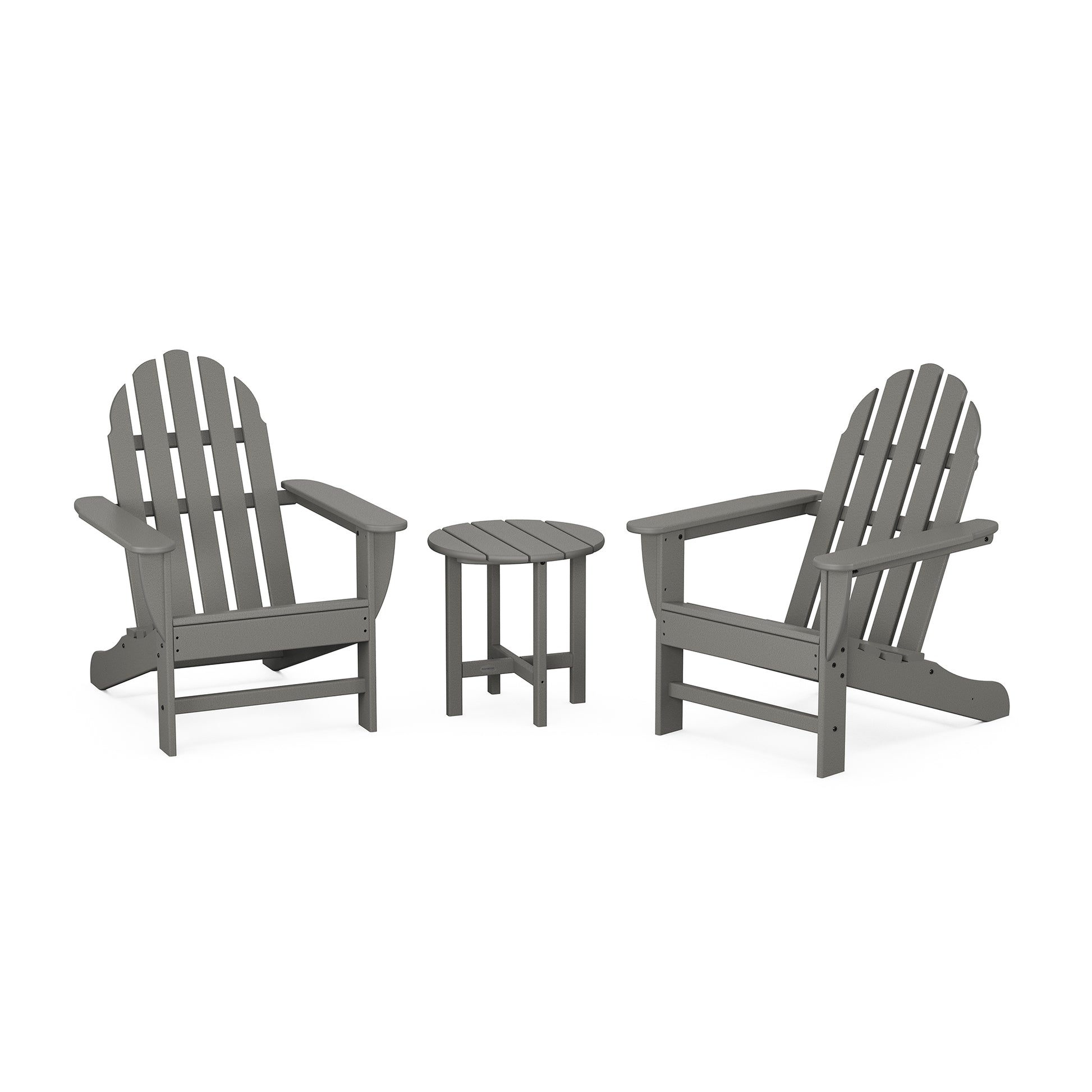 Gray POLYWOOD Classic Adirondack chairs and a small round table in a 3-piece set.
