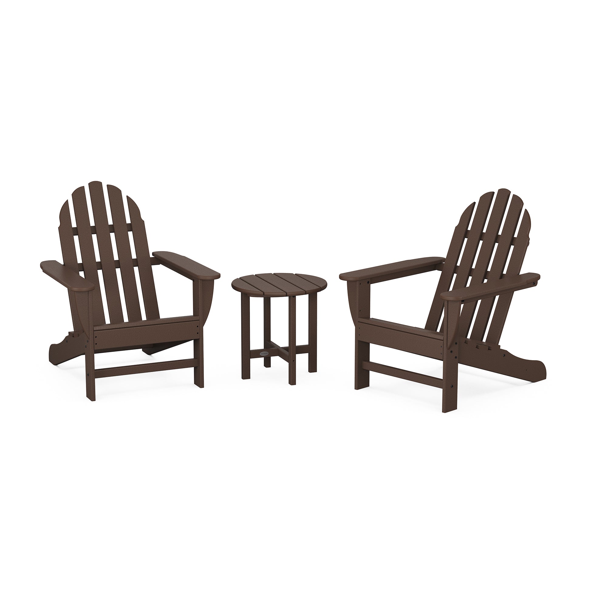Two brown POLYWOOD Classic Adirondack chairs and a small matching side table on a plain white background.