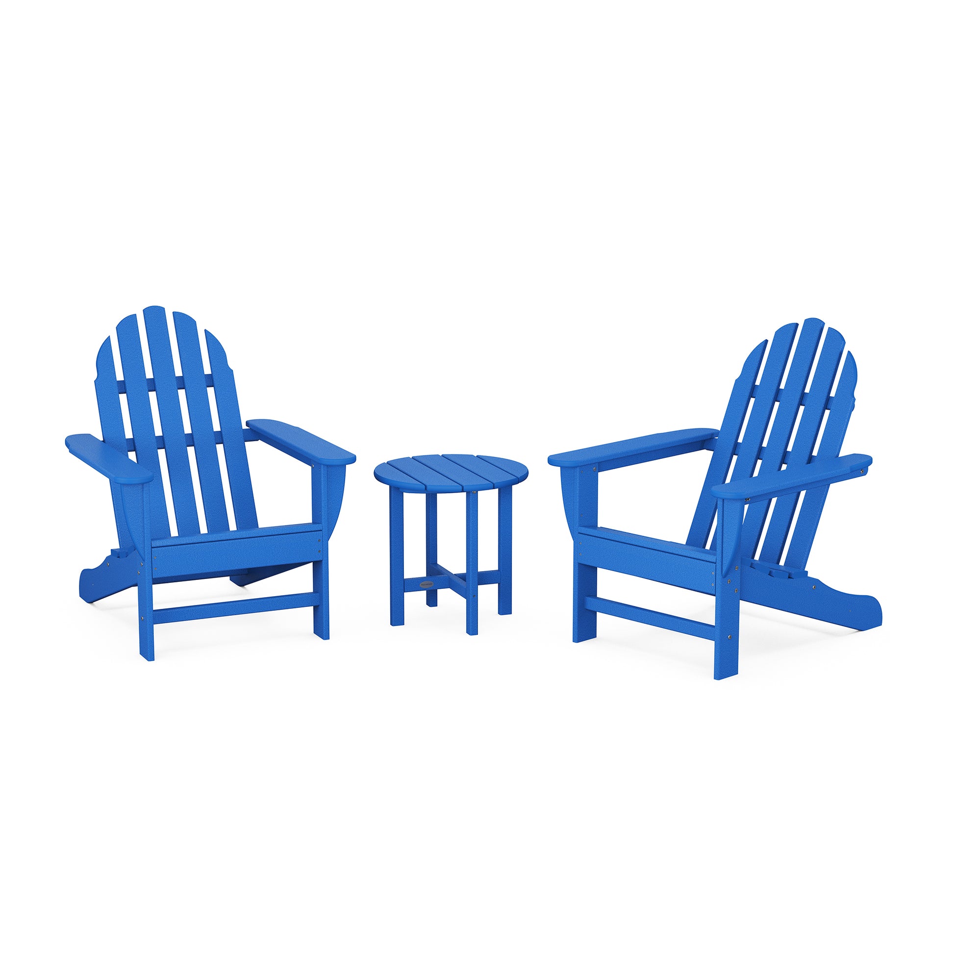 POLYWOOD Classic Adirondack 3-Piece Set with two blue chairs and a matching side table.