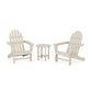 Two beige POLYWOOD Classic Adirondack chairs with a small matching table set between them, depicted on a white background.