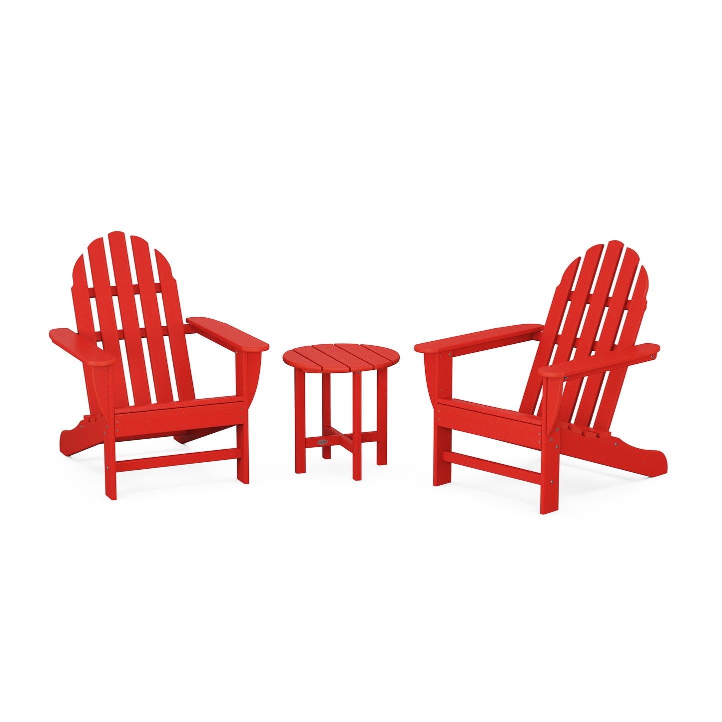 Two red POLYWOOD® Classic Adirondack 3-Piece Sets and a matching small round table isolated on a white background. The chairs feature a classic slatted design with wide armrests.