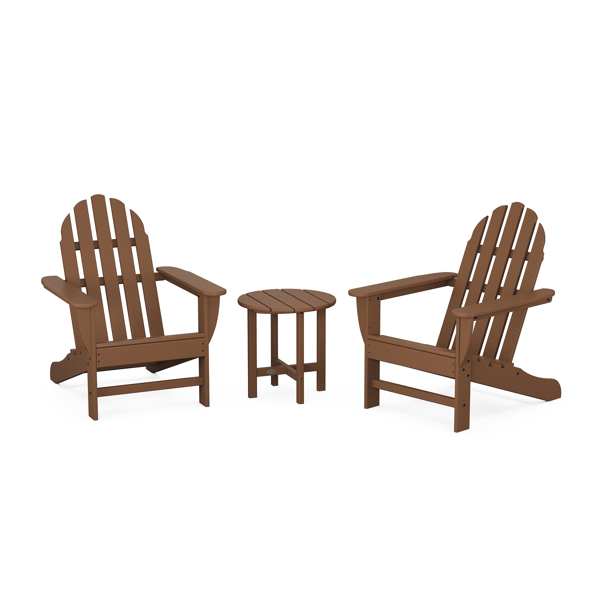 Brown POLYWOOD Classic Adirondack 3-Piece Set with two chairs and a matching table.