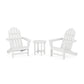 Two white POLYWOOD® Classic Adirondack 3-Piece Sets facing each other with a small round table between them, set against a plain white background.