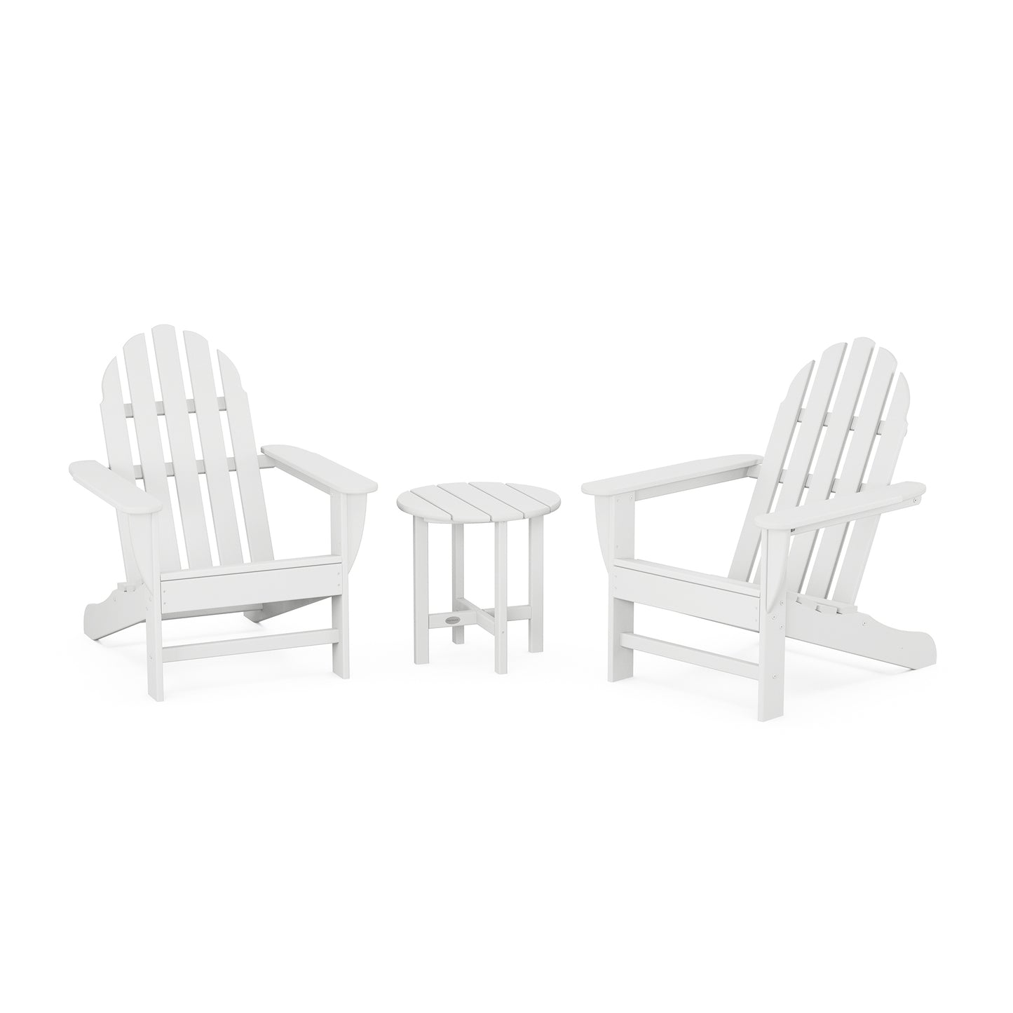 Two white POLYWOOD® Classic Adirondack 3-Piece Sets facing each other with a small round table between them, set against a plain white background.