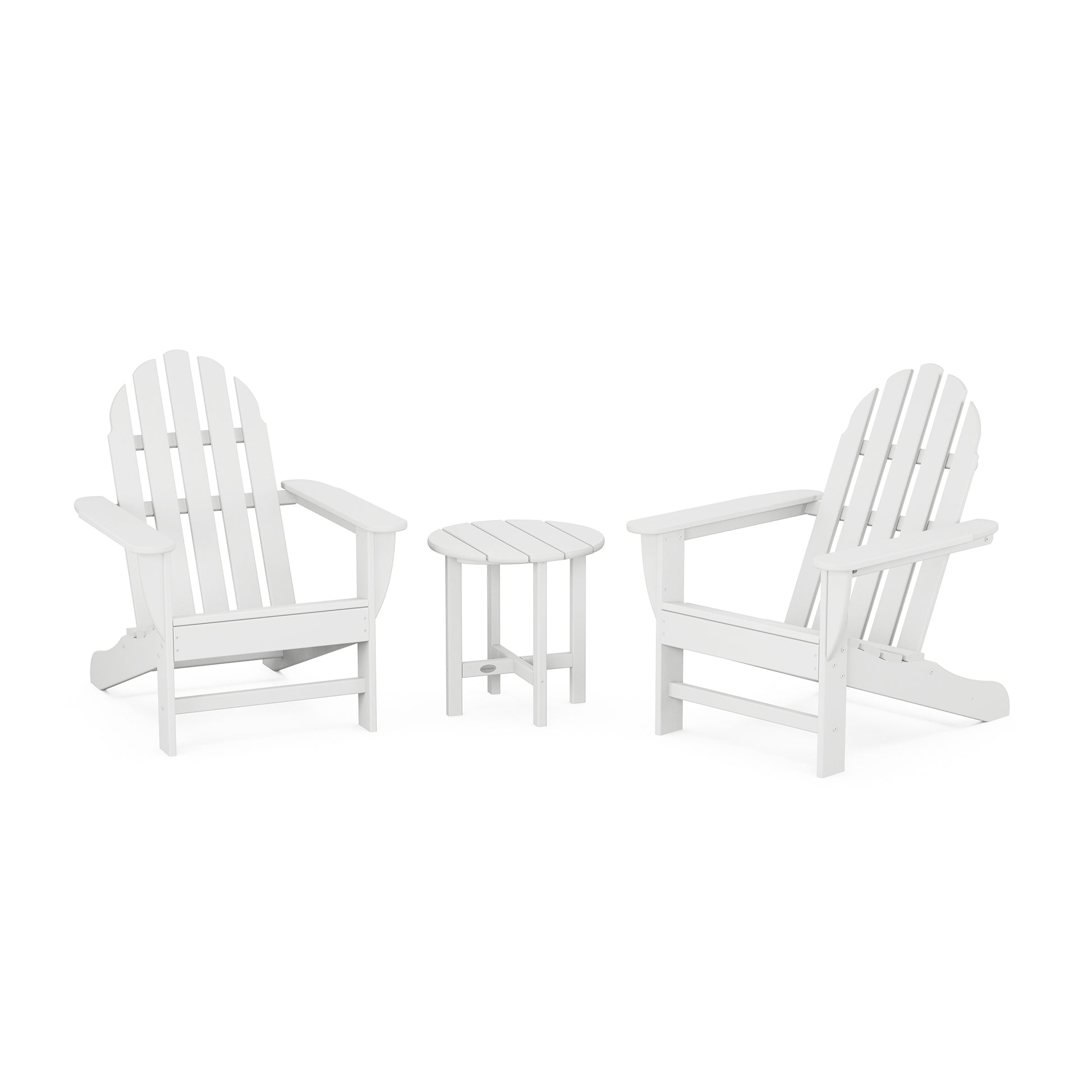 POLYWOOD Classic Adirondack 3-Piece Set with two white Adirondack chairs and a matching round side table.