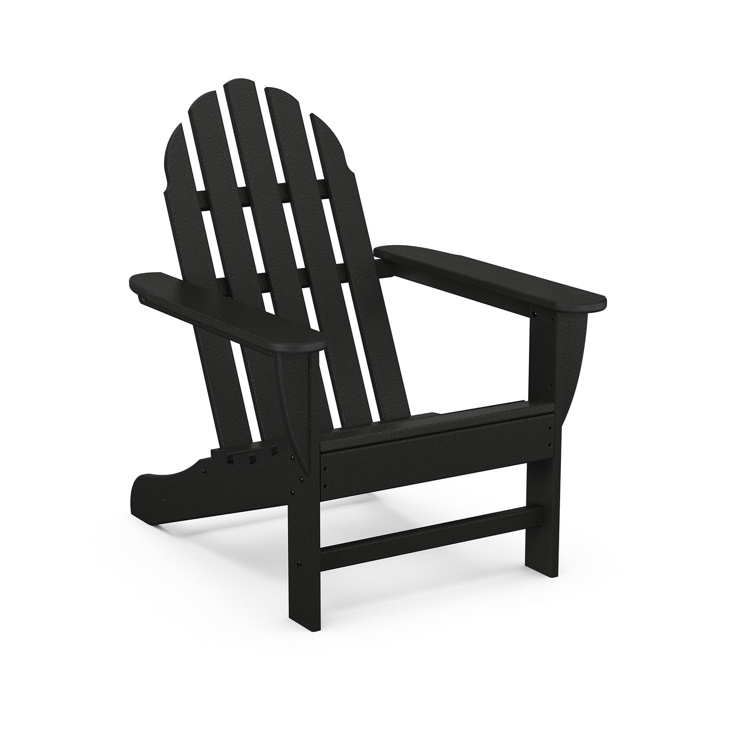 Sentence with replaced product:
A black POLYWOOD Classic Adirondack Chair with a high back and flat armrests, presented against a white background. The chair is sturdy with a slightly reclined back and slatted.