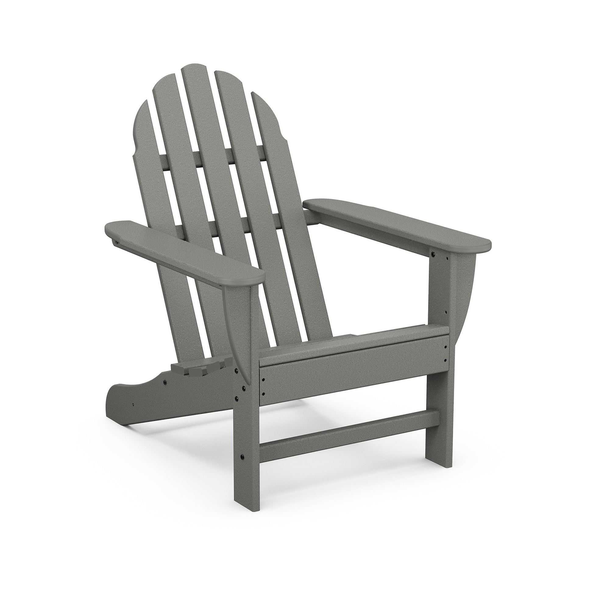 A gray POLYWOOD Classic Adirondack Chair, featuring a slatted design and wide armrests, set against a white background.