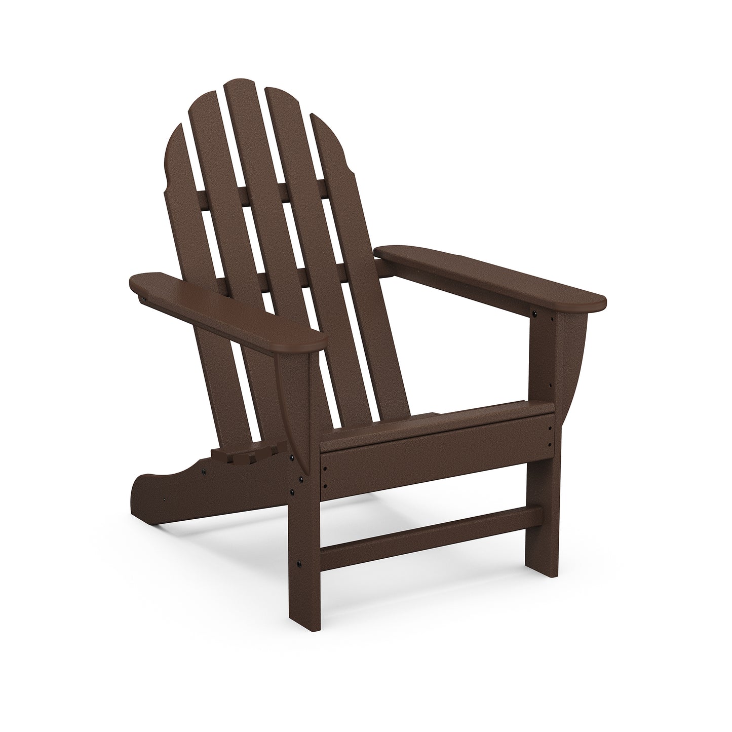POLYWOOD Classic Adirondack Chair featuring a slatted design, wide armrests, and a dark brown finish.