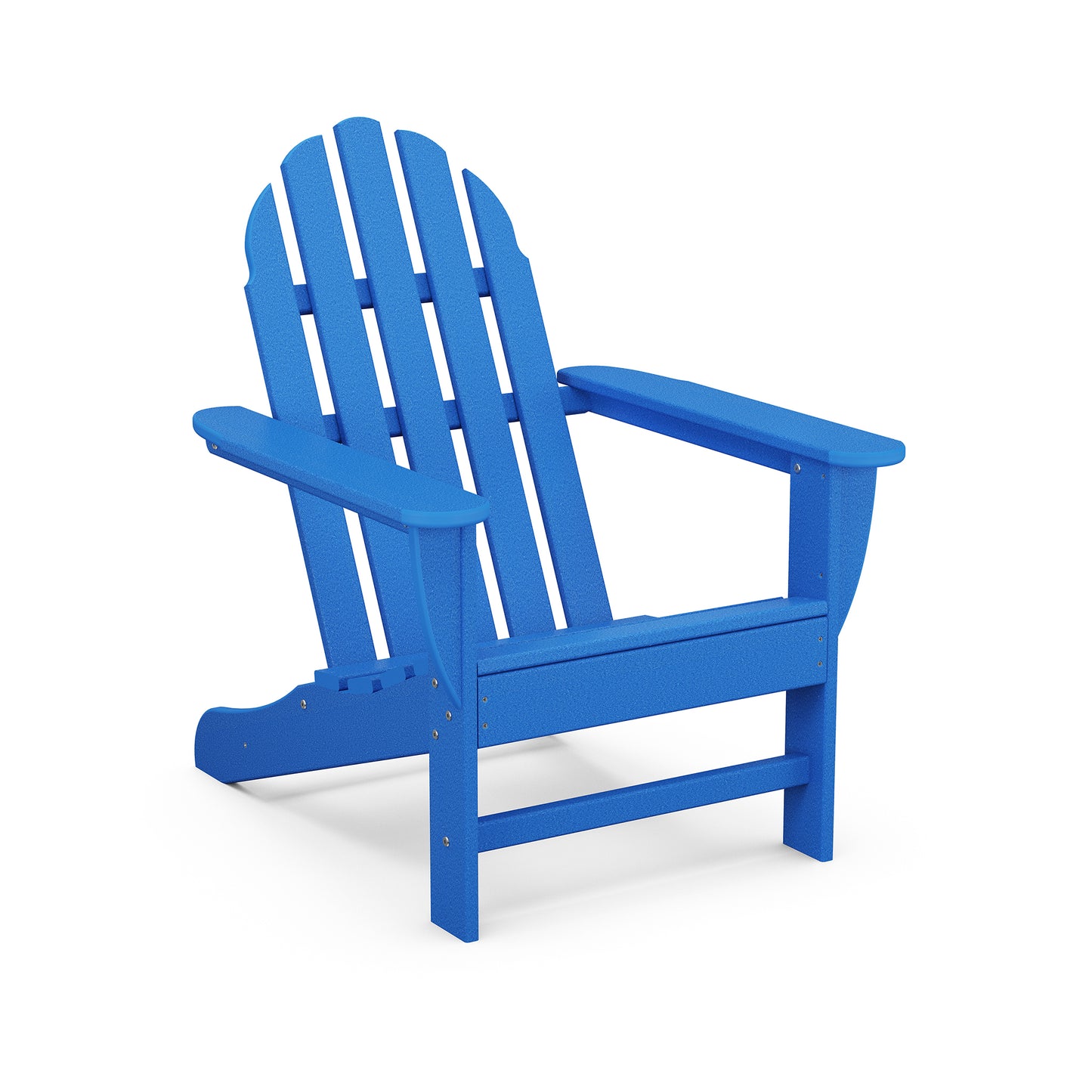 Blue POLYWOOD Classic Adirondack Chair featuring a slatted back and wide armrests for optimal outdoor comfort.