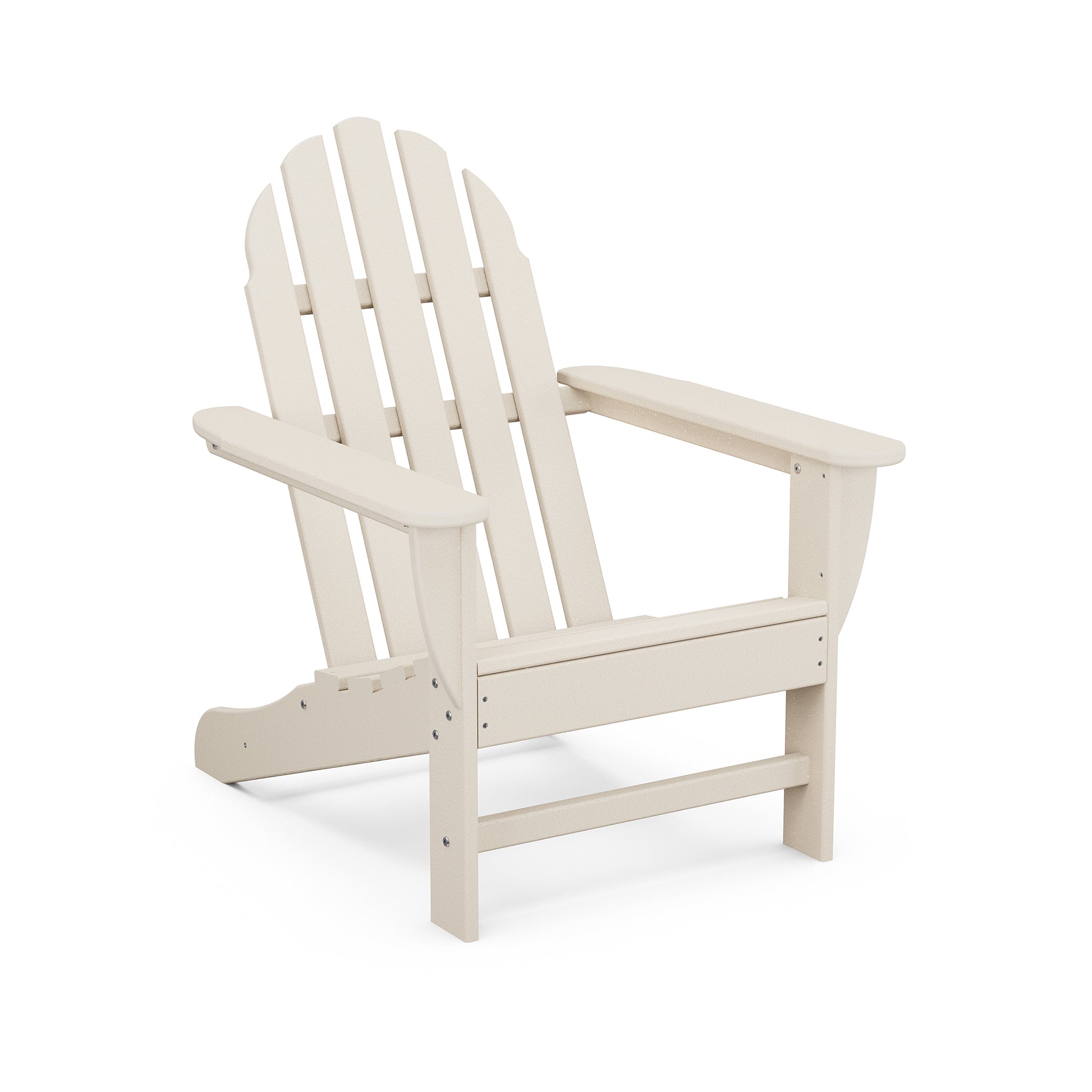 A beige POLYWOOD Classic Adirondack Chair, featuring a high back and wide armrests, displayed against a plain white background.