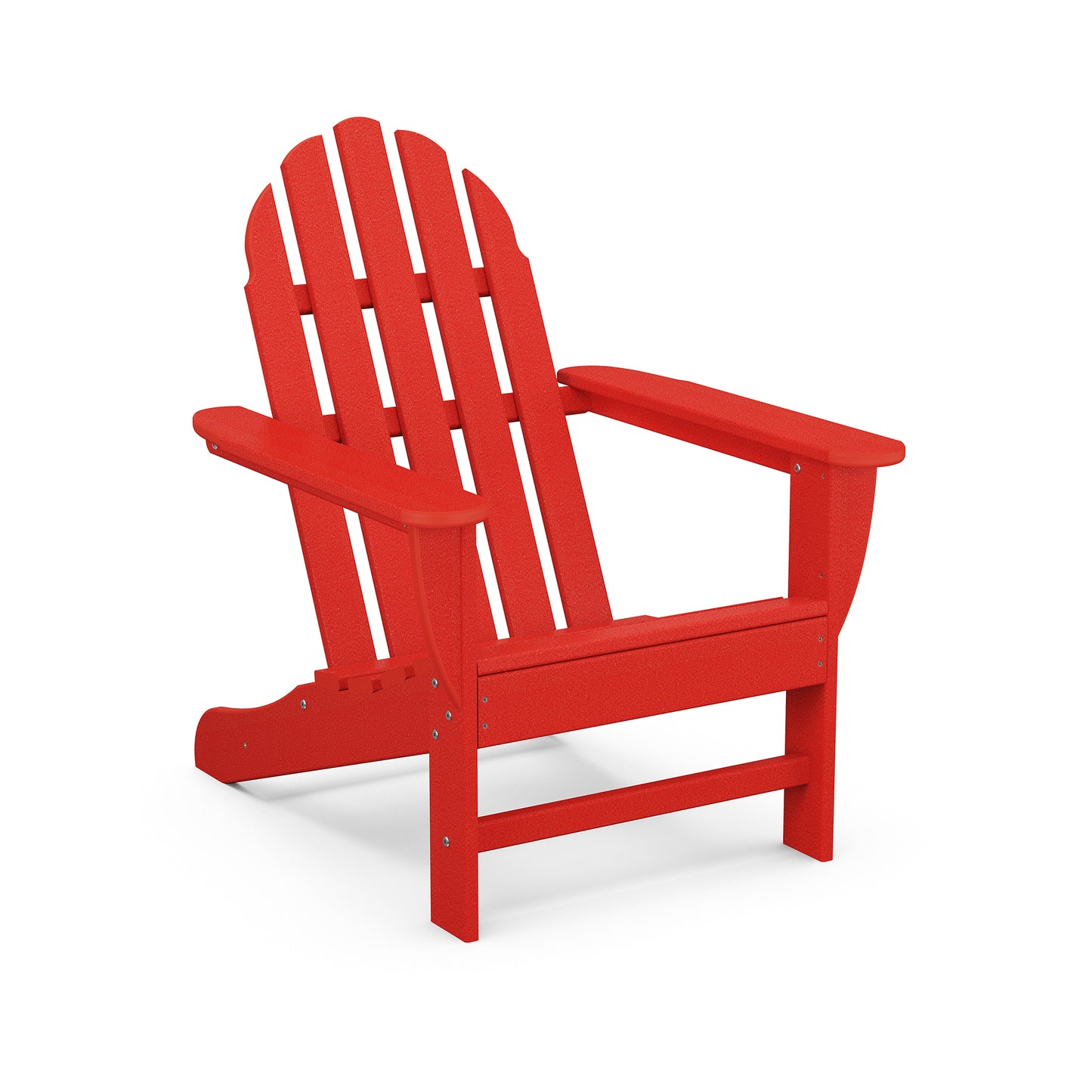 A vibrant red POLYWOOD Classic Adirondack Chair, featuring a slatted design with wide armrests, displayed against a white background.