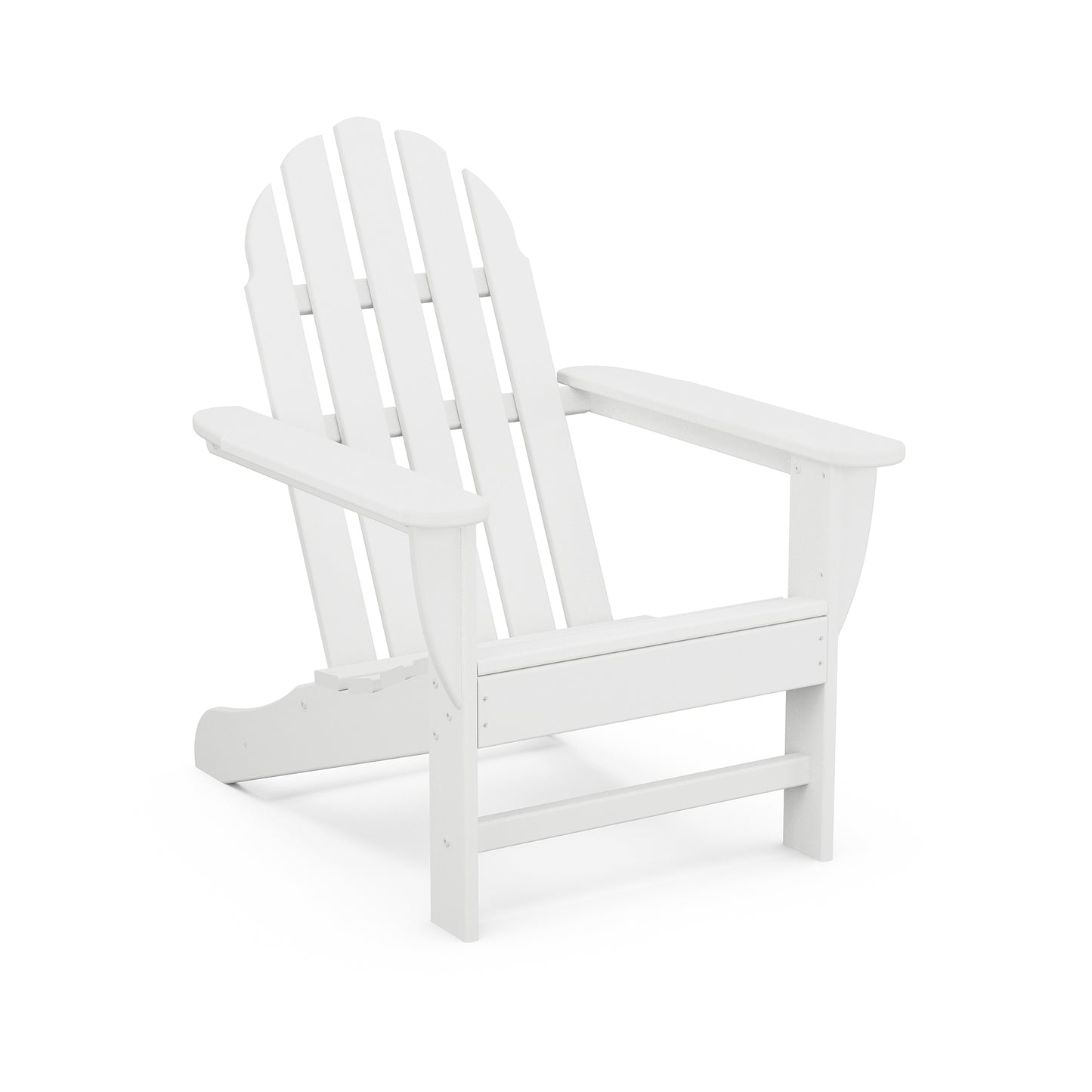White POLYWOOD Classic Adirondack Chair with durable lumber, high back, slatted design, and wide armrests.