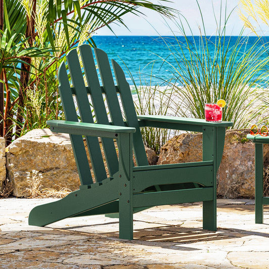 Green POLYWOOD Classic Adirondack Chair with drink on armrest.