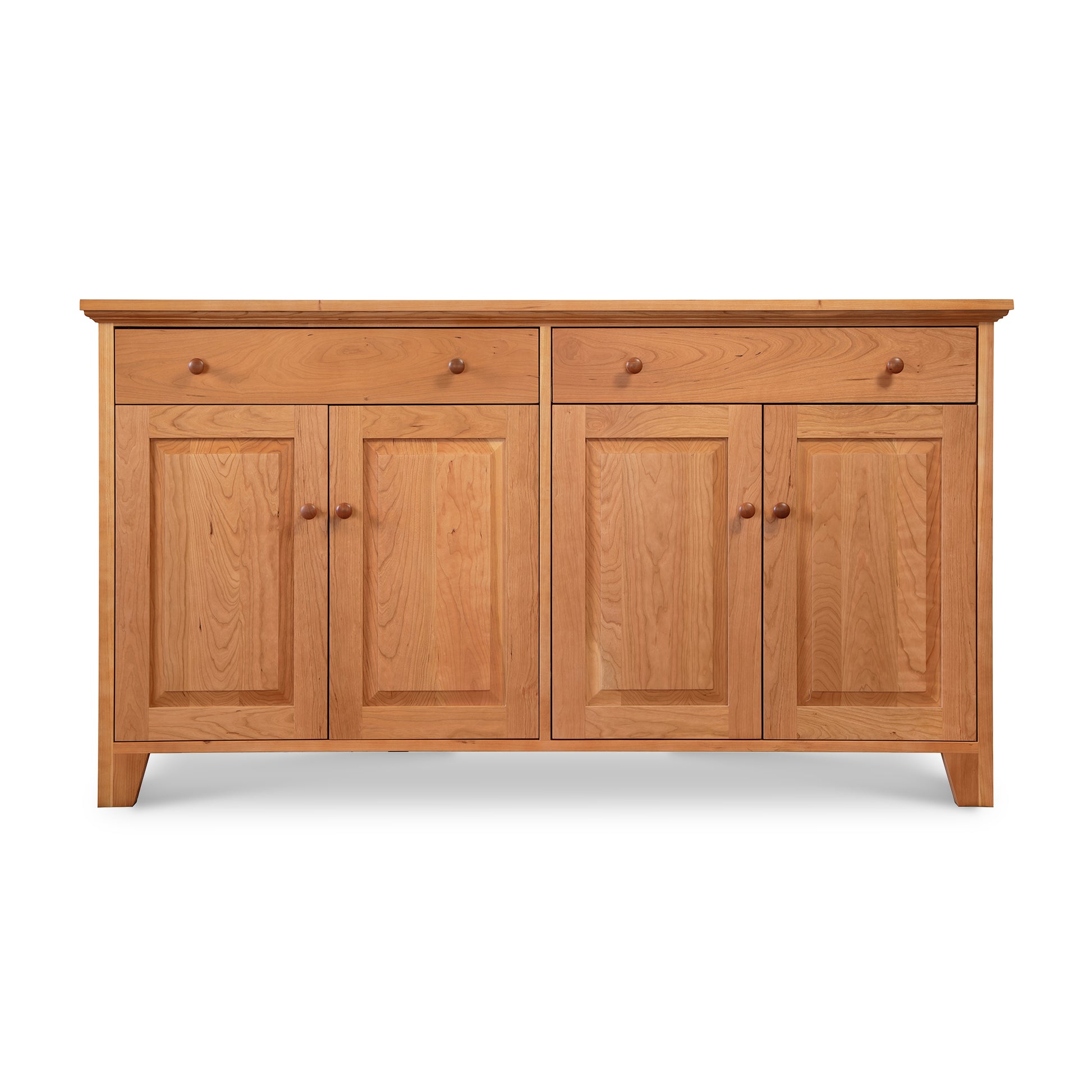 Classic Country Buffet by Lyndon Furniture, American-made wood sideboard featuring a light finish, dual drawers, and four cabinet doors with round handles.