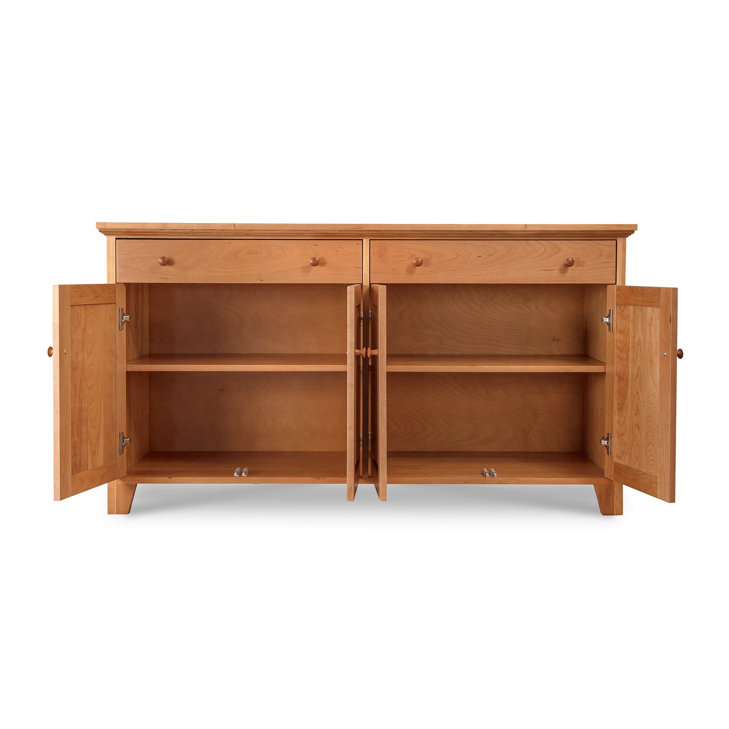Light wood Classic Country Buffet by Lyndon Furniture featuring open doors, shelves, and two drawers.