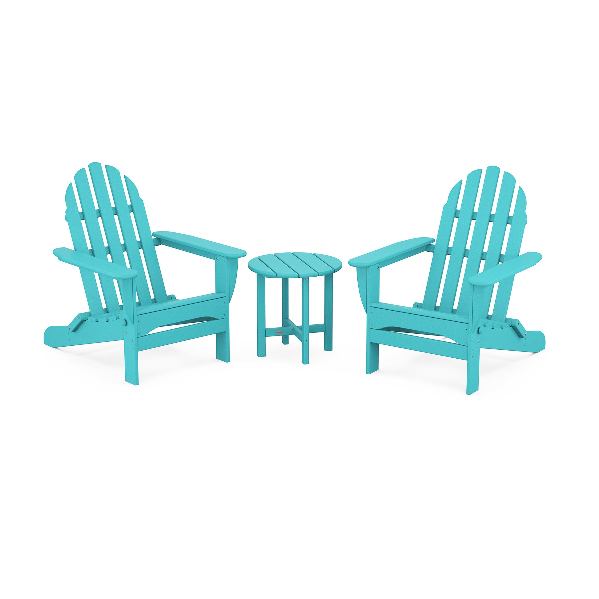 Two teal POLYWOOD Classic Folding Adirondack chairs from POLYWOOD® Outdoor Furniture face each other with a small round table between them, set against a plain white background.