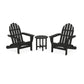 Two black POLYWOOD Classic Folding Adirondack chairs facing each other with a small round table between them, set against a white background.