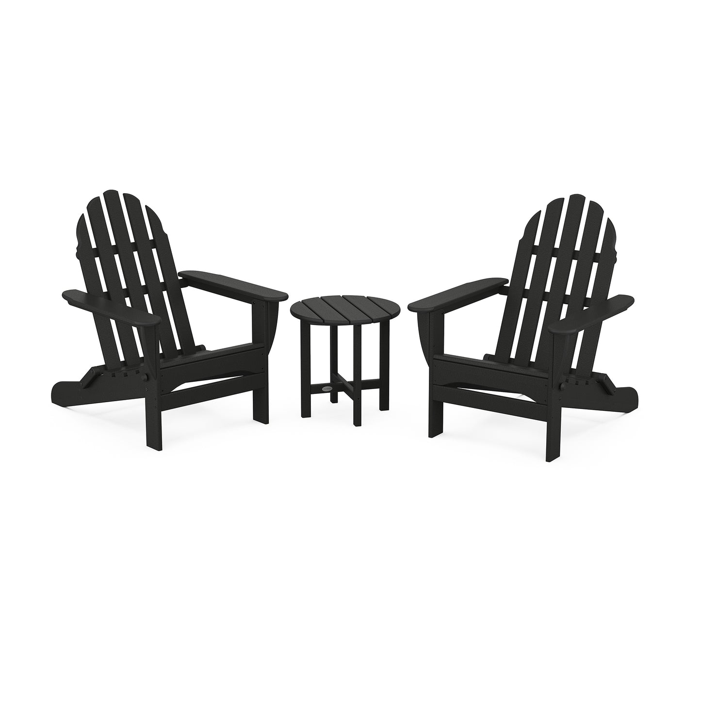 POLYWOOD Classic Folding Adirondack chairs with wide armrests and a matching round side table, all made from durable POLYWOOD lumber.