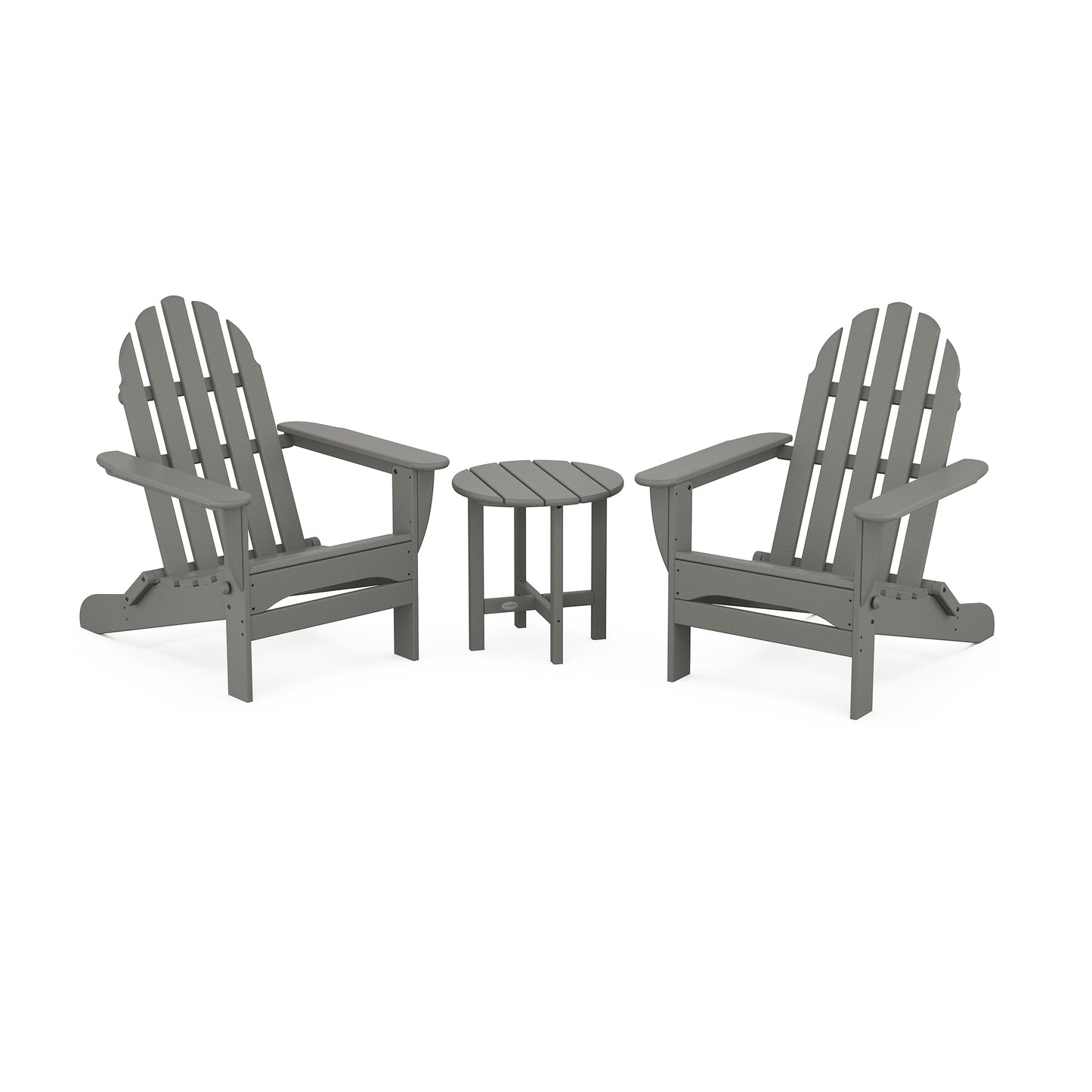 Gray POLYWOOD Classic Folding Adirondack 3-Piece Set featuring two chairs and a matching table made from durable POLYWOOD lumber.