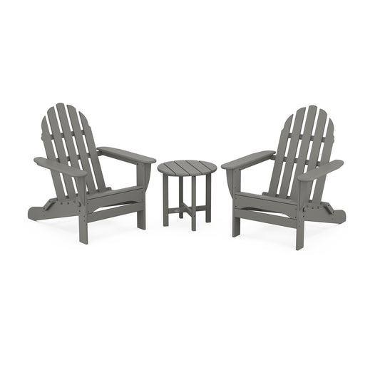 Gray POLYWOOD Classic Folding Adirondack 3-Piece Set featuring two chairs and a matching table made from durable POLYWOOD lumber.