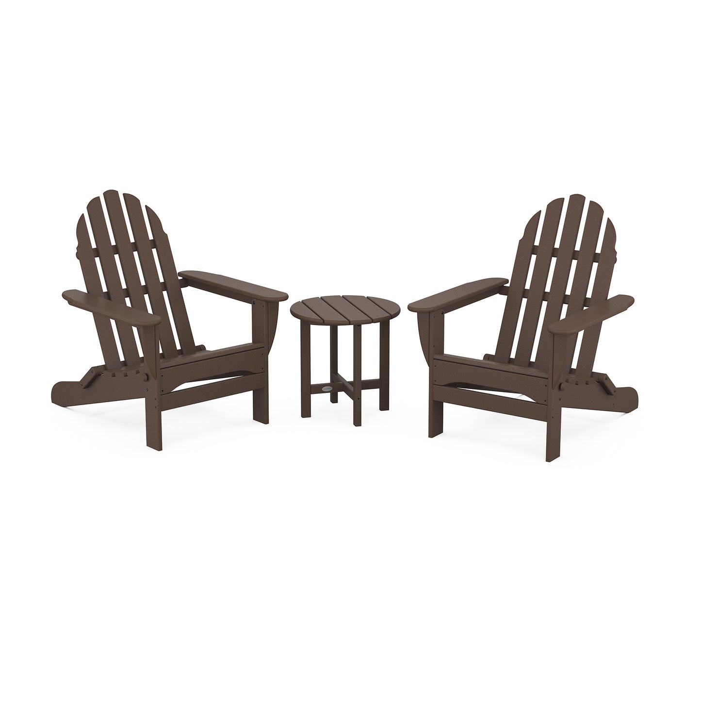 Two brown POLYWOOD Classic Folding Adirondack chairs facing each other, with a small round table between them, set against a plain white background, demonstrating outdoor durability.
